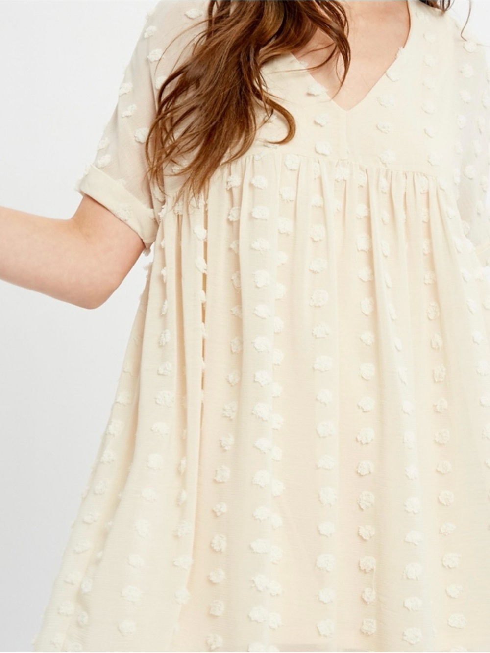 Vici - Cream Swiss Dot V-Neck Short Sleeve Dress